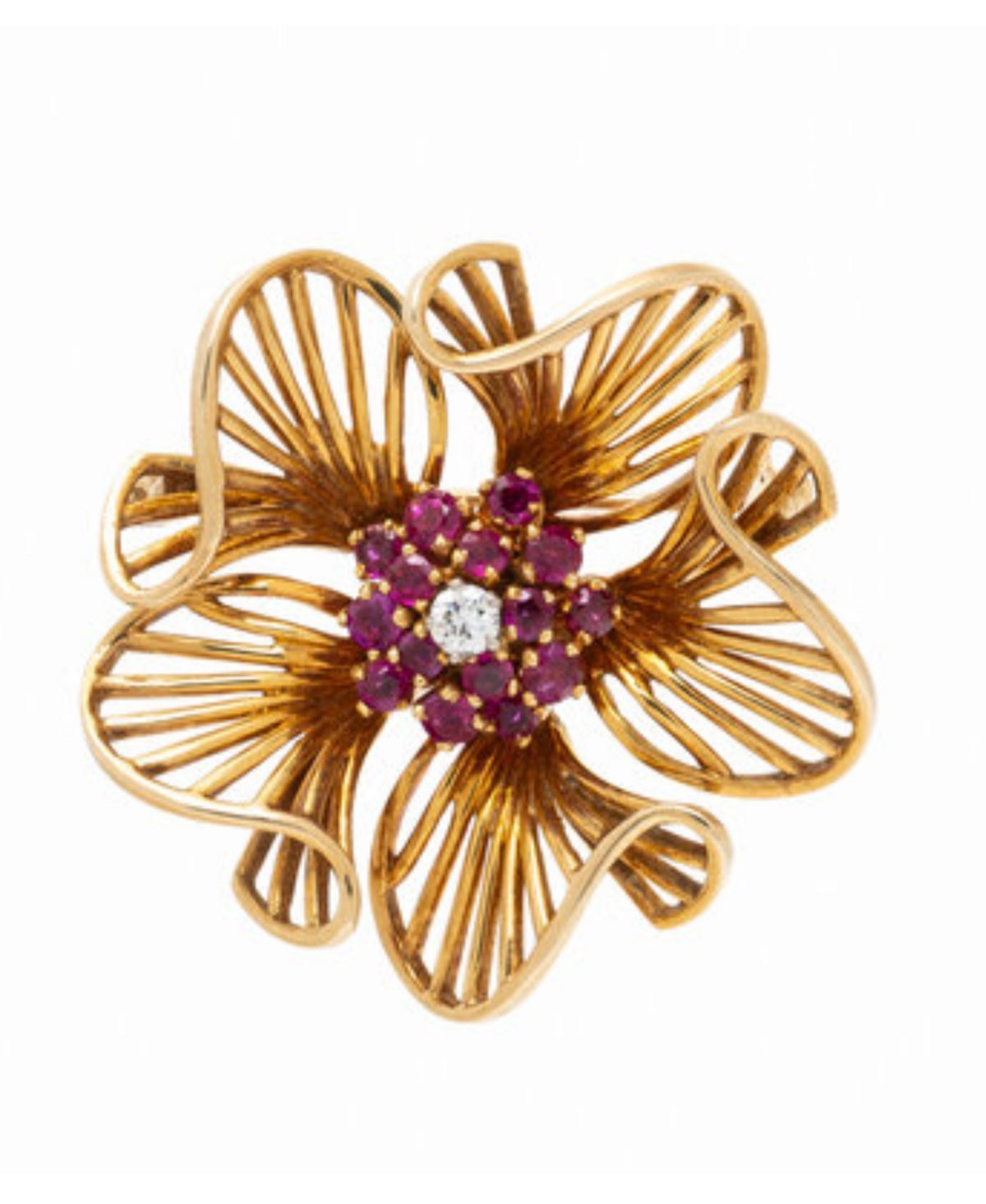 Tiffany & Co Ruby Diamond and Yellow Gold Flower Brooch