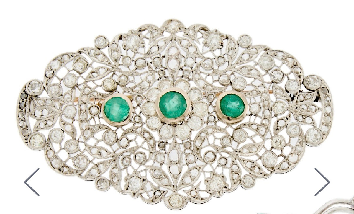 Edwardian Diamond and Emerald Brooch