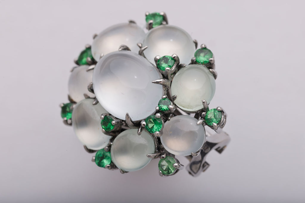 Cluster Moonstone and Demantoid Garnet Gold Earrings