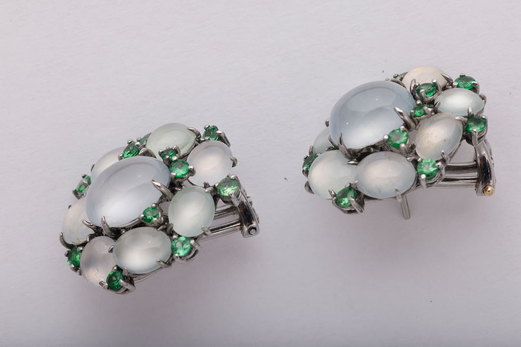 Cluster Moonstone and Demantoid Garnet Gold Earrings