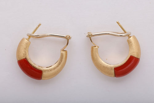 Blood Ox Coral and Brushed Yellow Gold Hoop Earrings