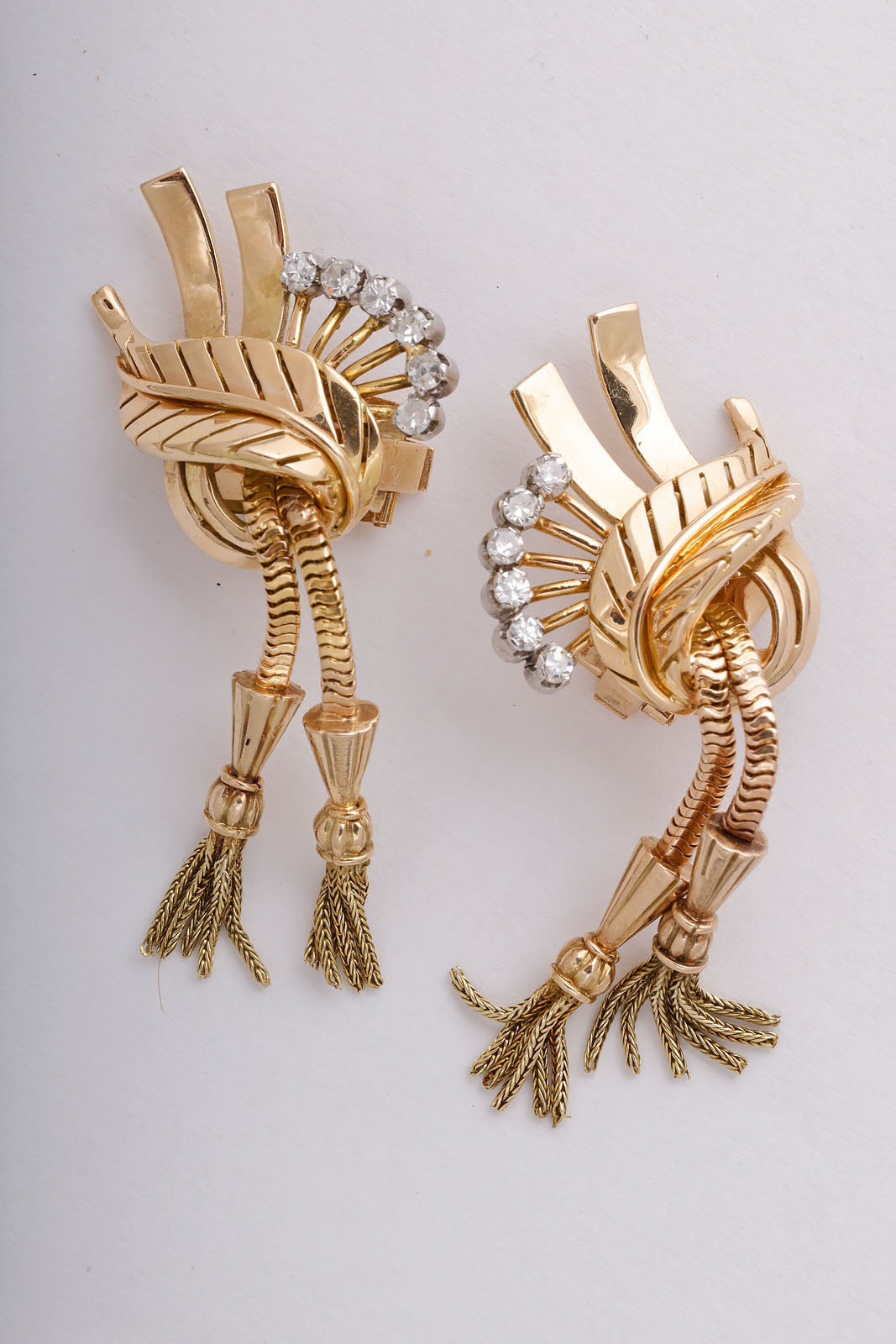 French Diamond and Yellow Gold Tasseled Earrings