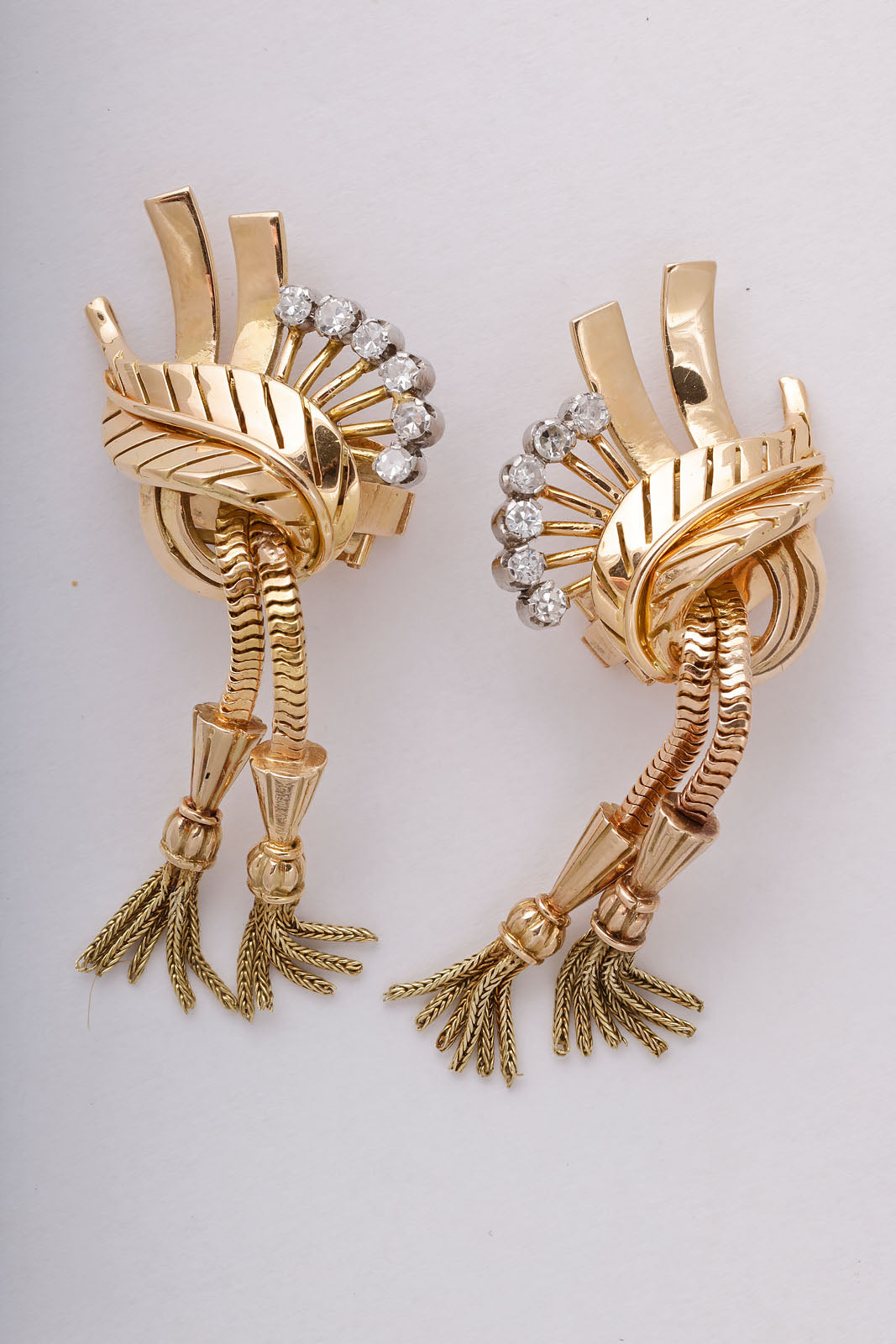 French Diamond and Yellow Gold Tasseled Earrings