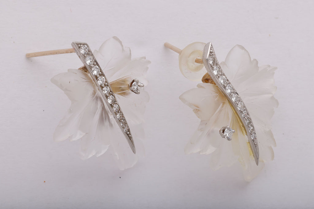 Rock Crystal, Gold, and Diamond Leaf Earrings