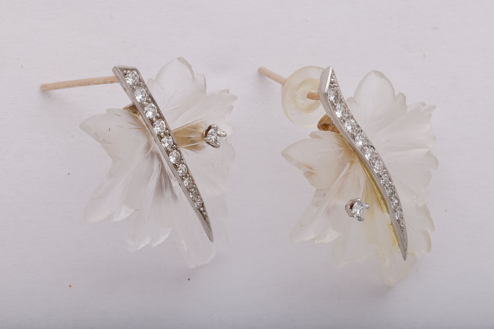 Rock Crystal, Gold, and Diamond Leaf Earrings