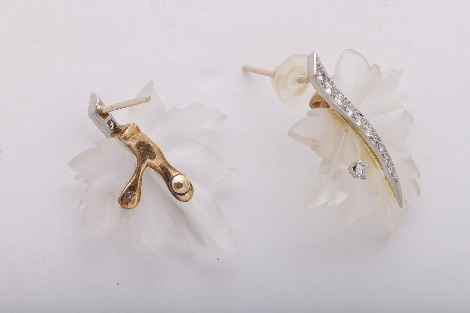 Rock Crystal, Gold, and Diamond Leaf Earrings