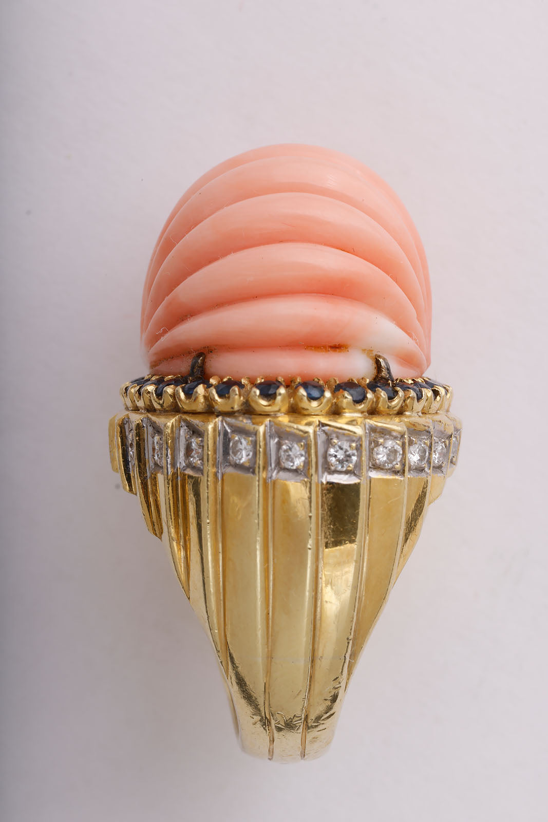 Pink Coral, Sapphire, and Diamond Cocktail Ring in Gold