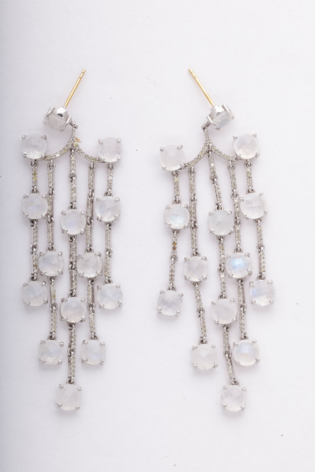 Moonstone and Diamond Dangling Earrings in Gold and Silver