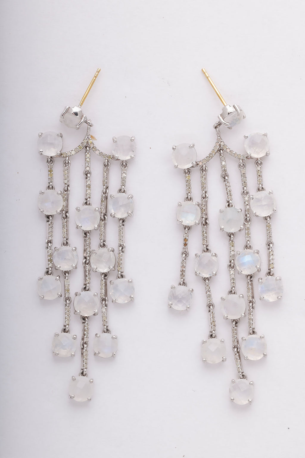 Moonstone and Diamond Dangling Earrings in Gold and Silver