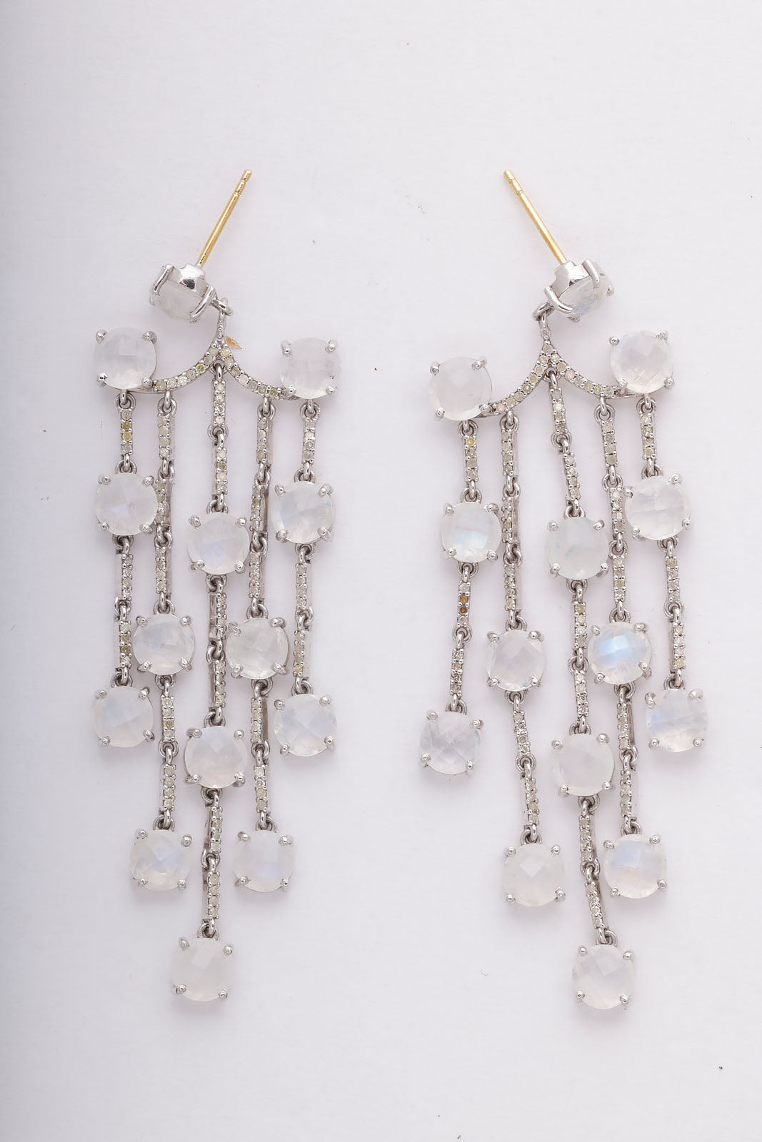Moonstone and Diamond Dangling Earrings in Gold and Silver