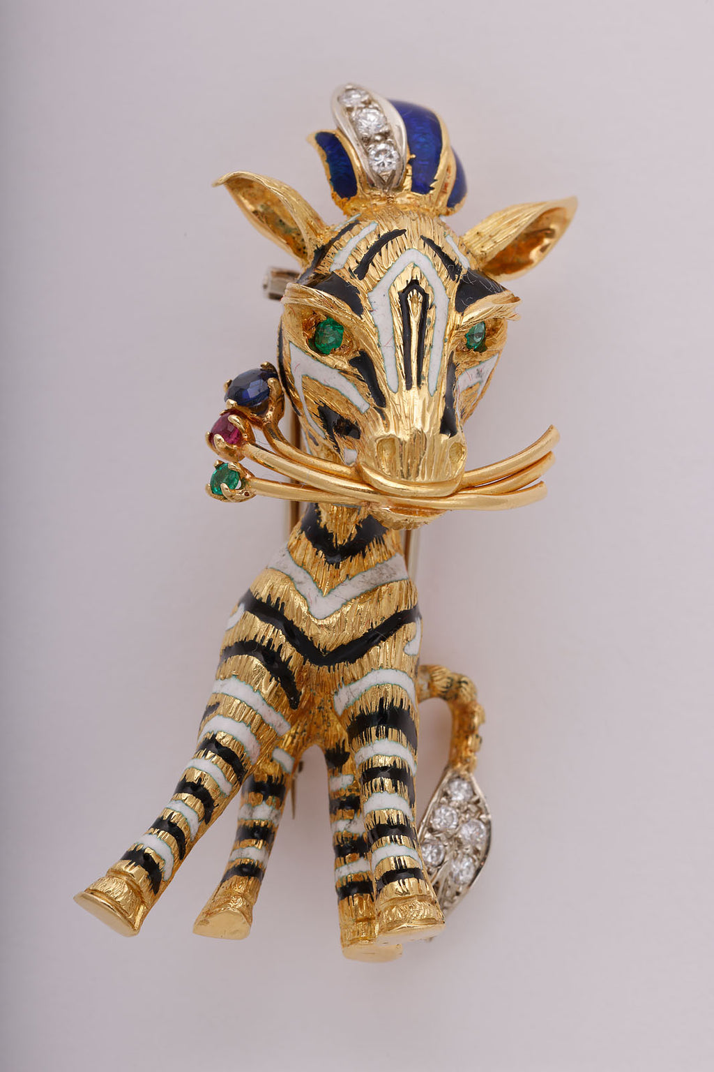 Striped Zebra Brooch in Gold with Diamonds and Gemstones