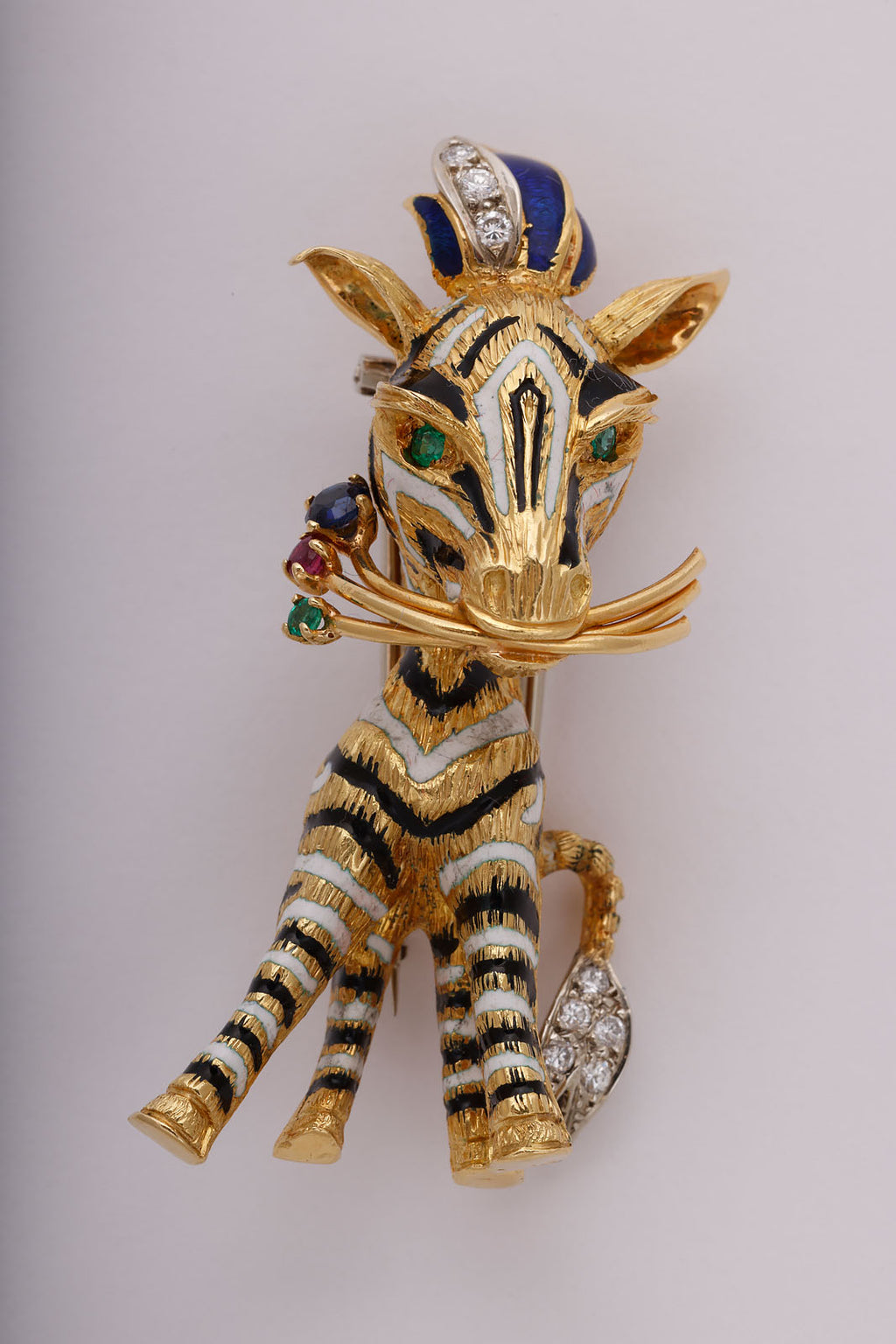 Striped Zebra Brooch in Gold with Diamonds and Gemstones