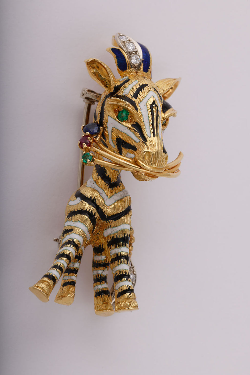 Striped Zebra Brooch in Gold with Diamonds and Gemstones