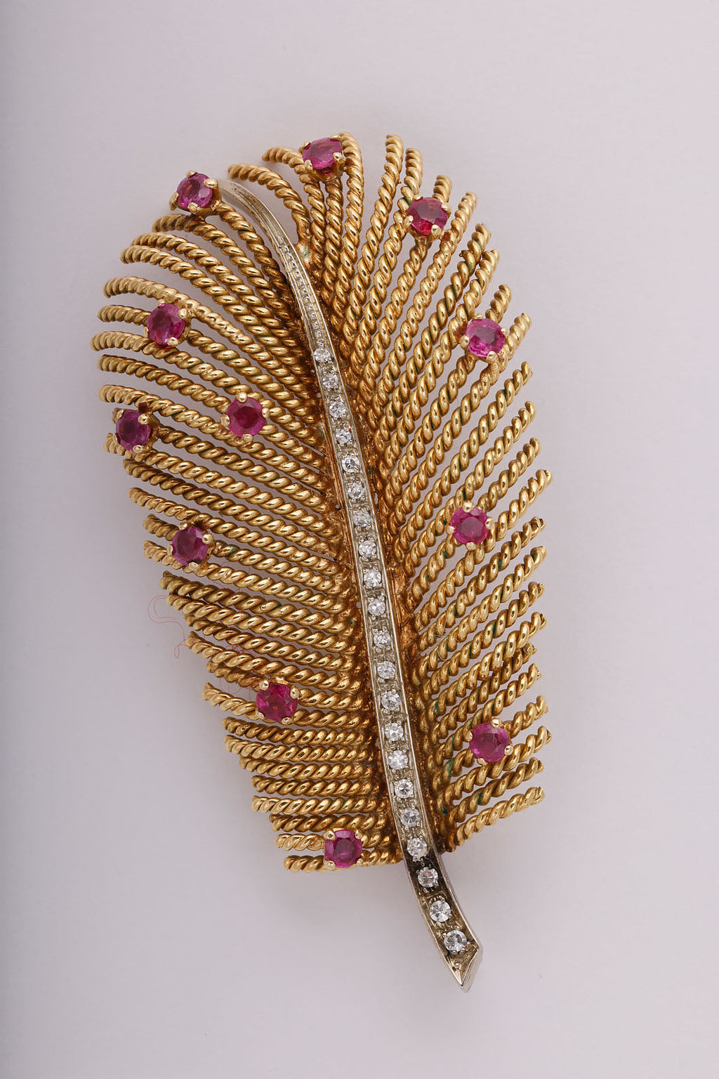 Feather Brooch in Gold with Diamonds and Rubies