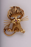 Mid Century Yellow Gold Lion Brooch with Ruby and Diamonds