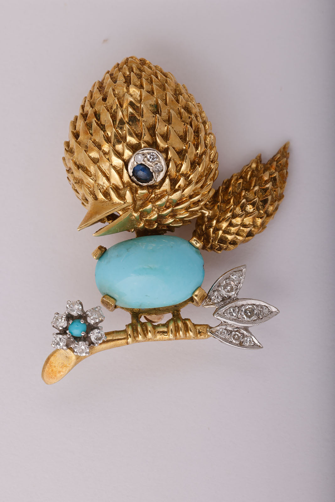 Gold Bird Brooch with Turquoise, Diamonds, and Sapphire