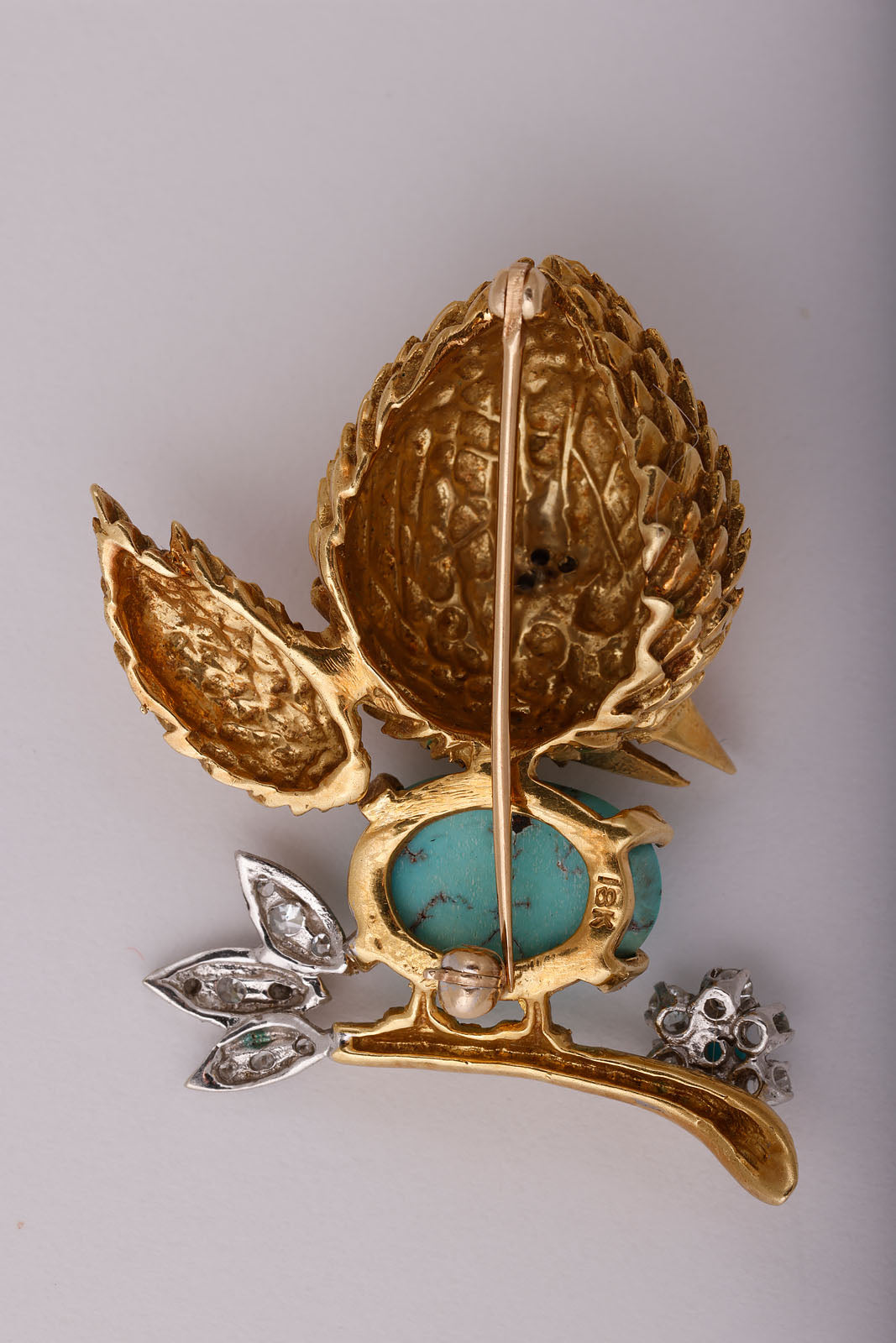 Gold Bird Brooch with Turquoise, Diamonds, and Sapphire