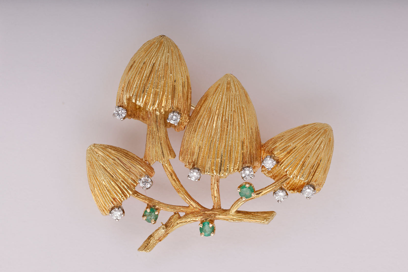 Gold Mushroom Brooch with Diamonds and Emeralds