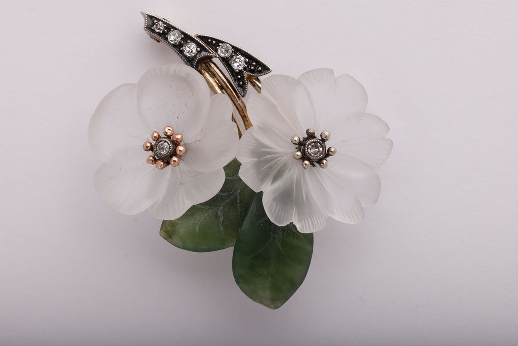 Rock Crystal and Nephrite Flower Brooch