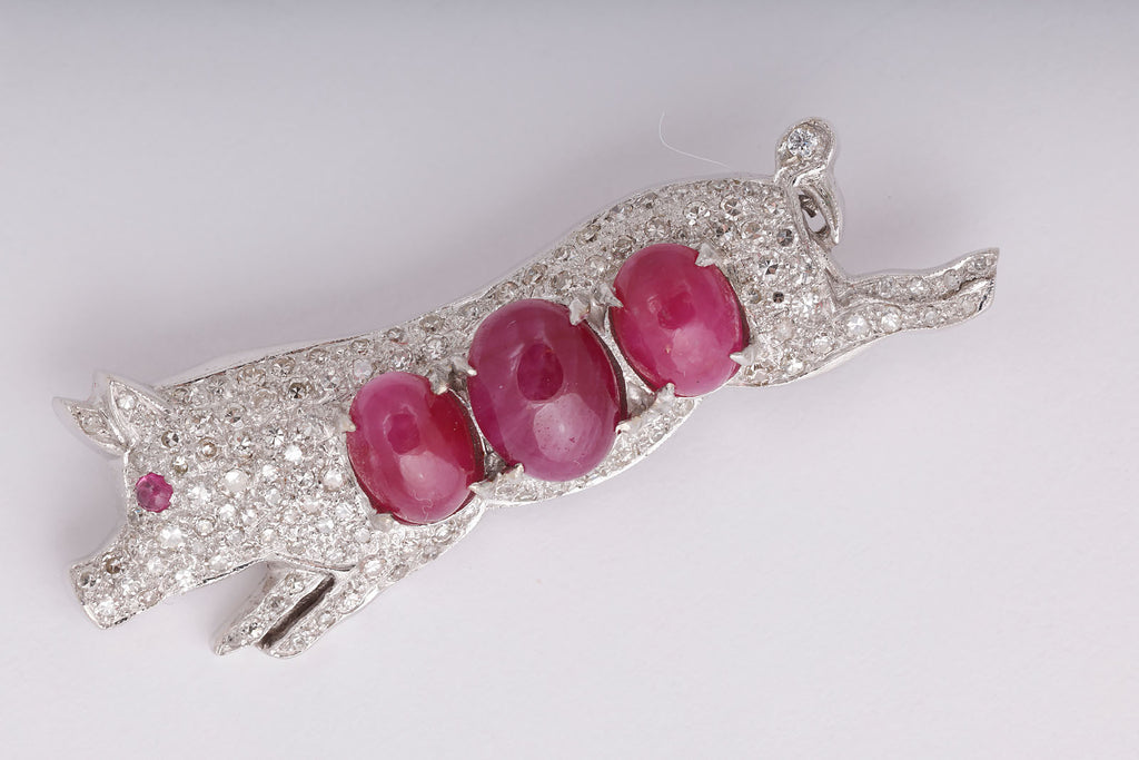 Diamond and Cabochon Ruby Pig Brooch in White Gold