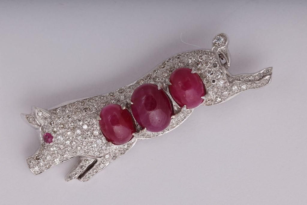 Diamond and Cabochon Ruby Pig Brooch in White Gold