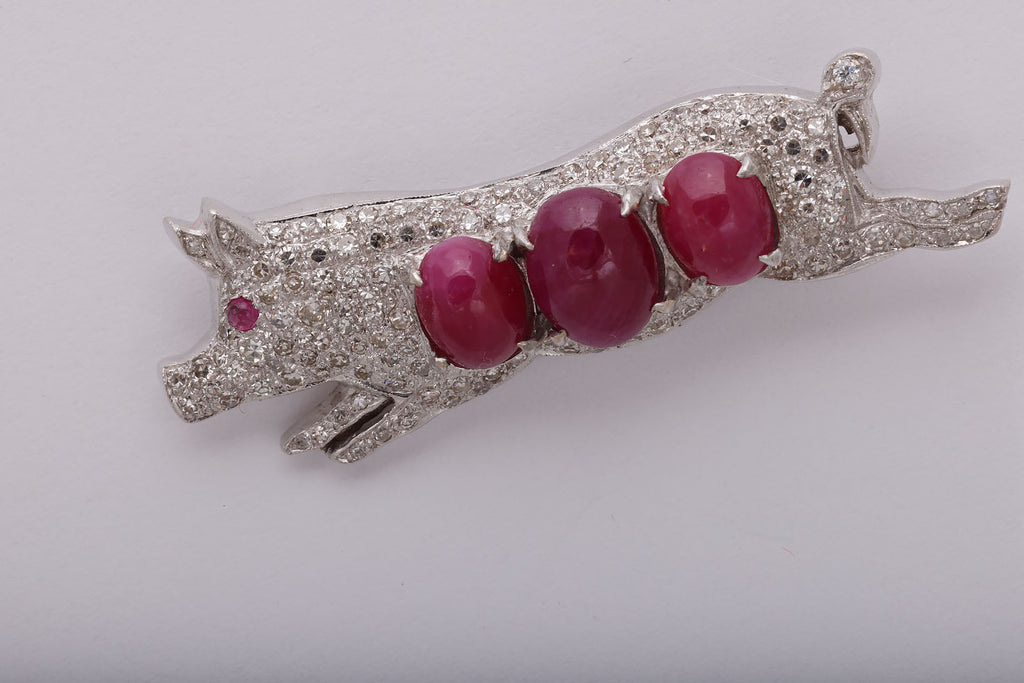 Diamond and Cabochon Ruby Pig Brooch in White Gold