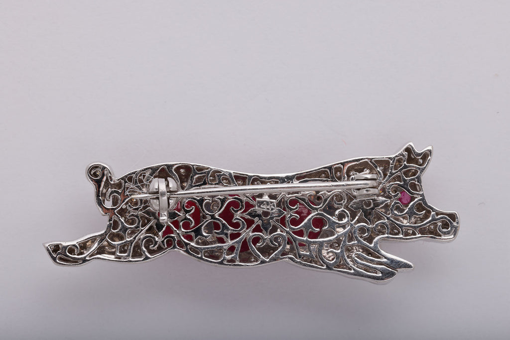 Diamond and Cabochon Ruby Pig Brooch in White Gold