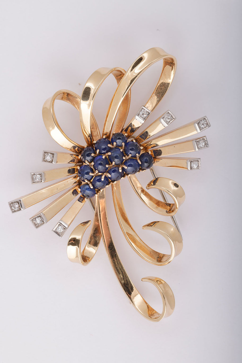 Retro Yellow Gold, Platinum, Cabochon Sapphire, and Diamond Clip Brooch