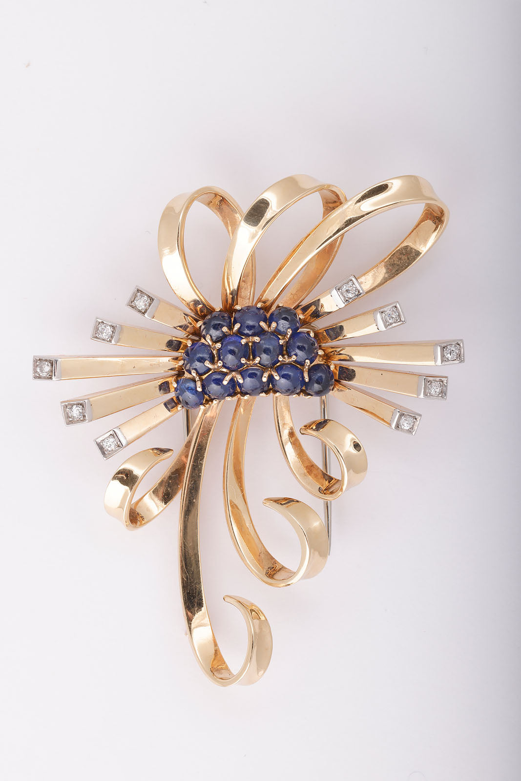 Retro Yellow Gold, Platinum, Cabochon Sapphire, and Diamond Clip Brooch