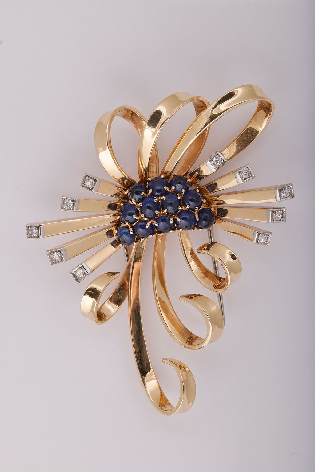 Retro Yellow Gold, Platinum, Cabochon Sapphire, and Diamond Clip Brooch