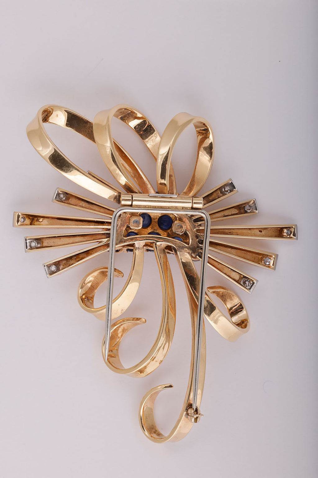 Retro Yellow Gold, Platinum, Cabochon Sapphire, and Diamond Clip Brooch