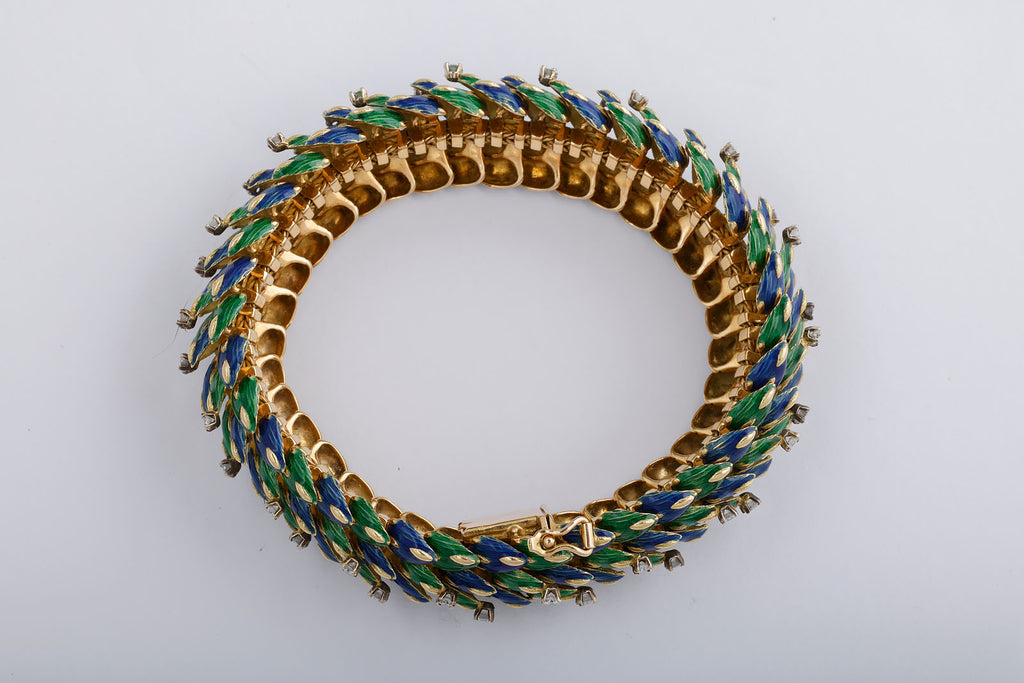 Enamel Diamond and Gold Snake Bracelet